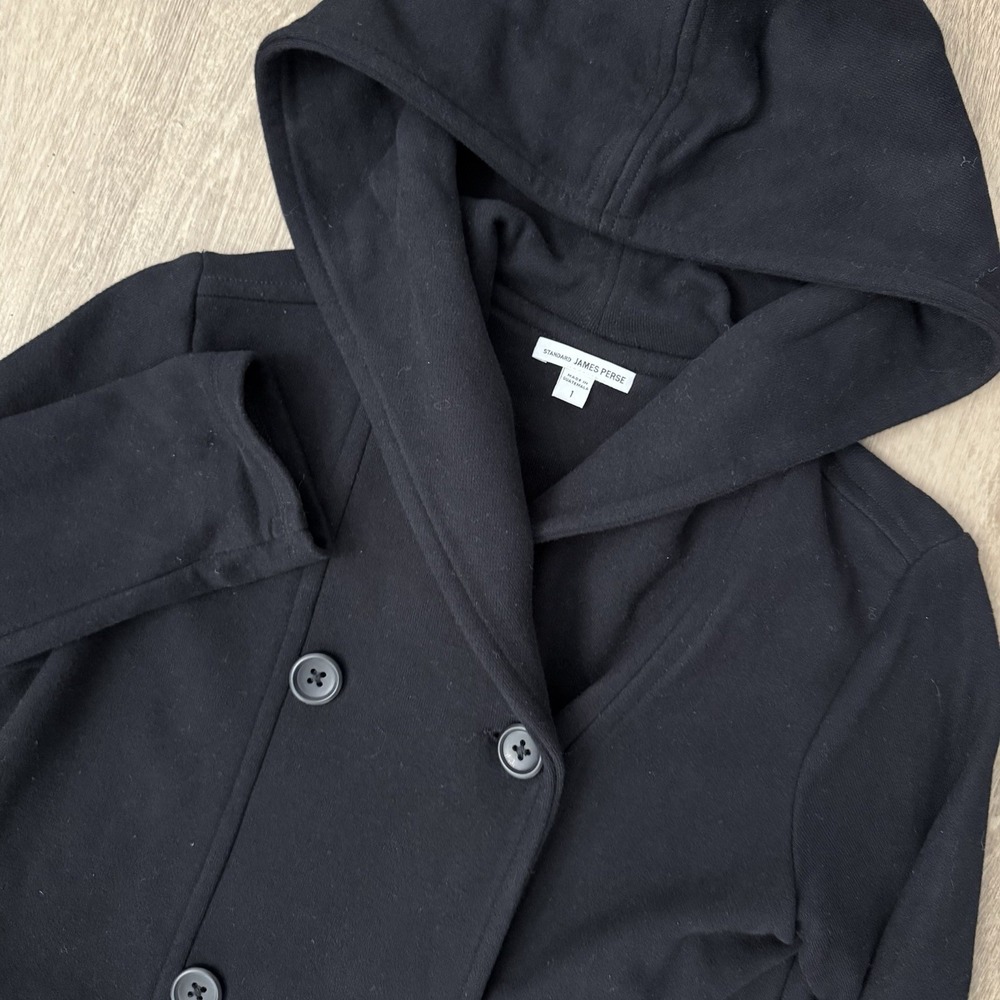 James Perse Double Breasted Hoodie Jacket Womens 1 Small Black Cotton Fleece